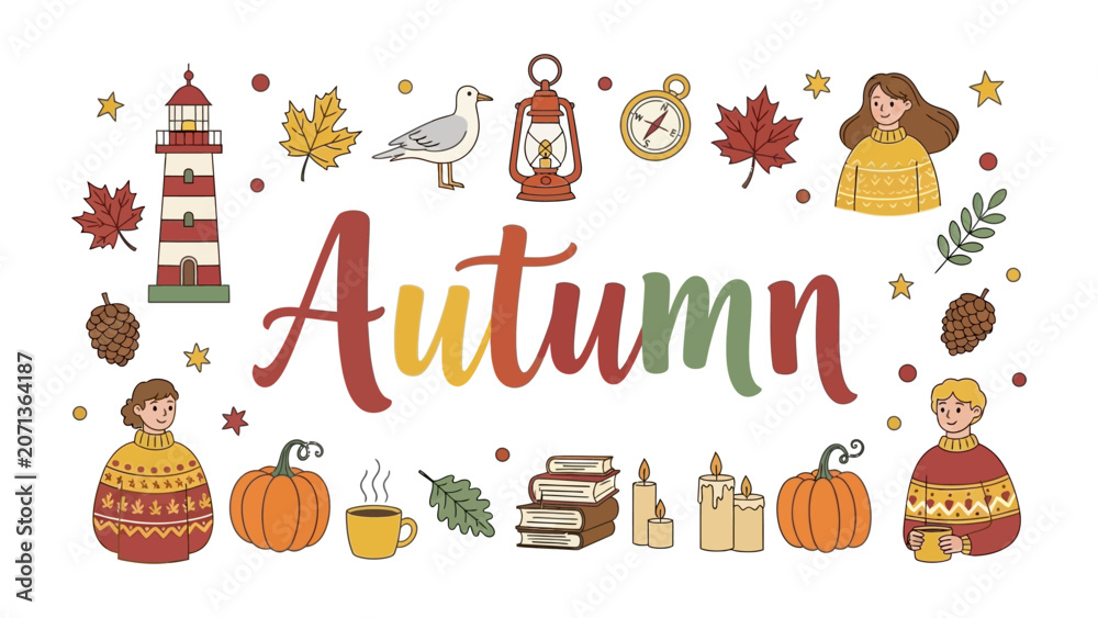 Obraz premium Autumnal Collage: A charming collection of illustrations celebrating the season of autumn, featuring a lighthouse, maple leaves, pumpkins, books, and cozy figures.