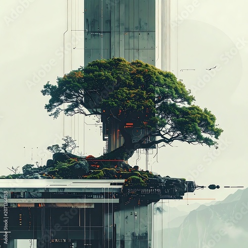 Tree on rooftop with skyscraper background.