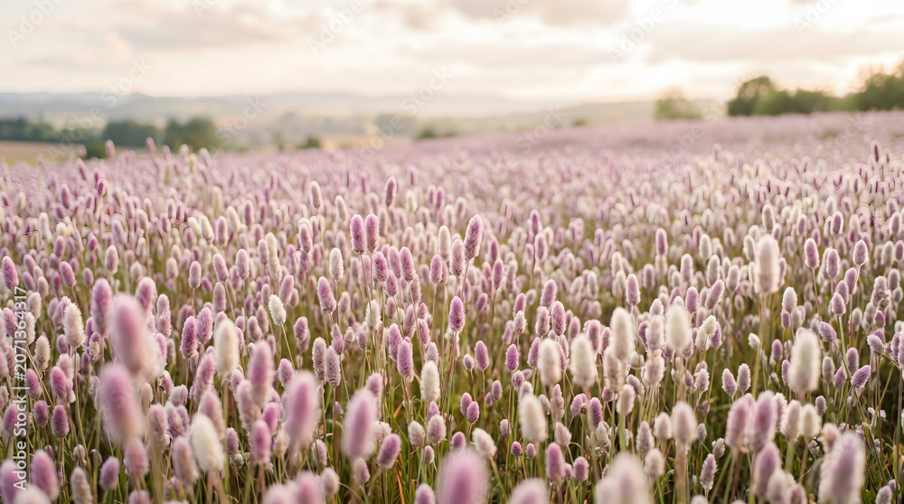 Obraz premium Blooming lavender field in soft sunlight with misty horizon and natural composition