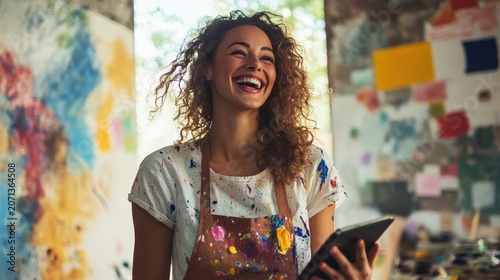 Joyful artist in colorful studio smiles as she holds a tablet filled with creative designs and artistic dreams.