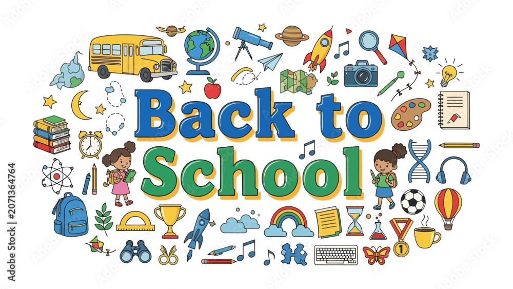 Naklejka premium Back to School Collage: A vibrant and whimsical collage bursting with educational symbols, school supplies, and playful illustrations, all celebrating the excitement of returning to school.
