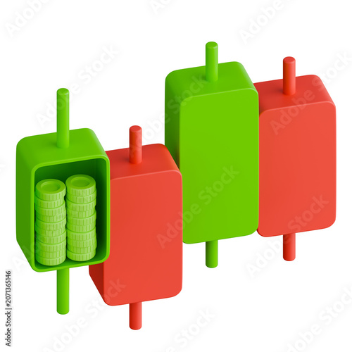 Financial Candlestick Chart with Coins Stacks Inside Green Candle for Stock Trading Concept. 3d icon.