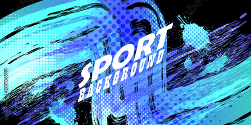 Abstract Sports Background with Blue and Green Gradient Brushstrokes and Halftone Effect. Vibrant Grunge Background