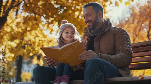 Father Reads to Daughter Under Beautiful Fall Leaves, Joyful Moments Shared in Nature