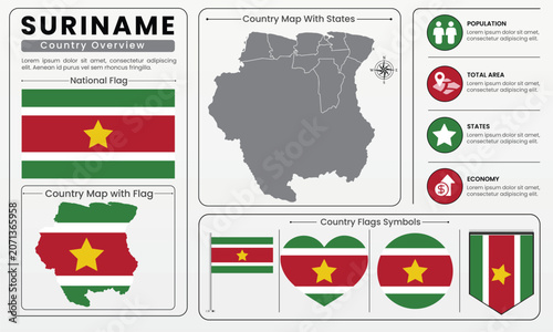 Suriname Country Map Flag Infographic Vector Illustration Set