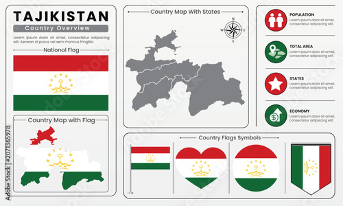 Tajikistan Country Map Flag Infographic Vector Illustration Set