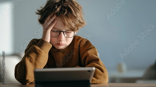 Child student studying with digital tablet, covering face, feeling tired or frustrated with remote learning