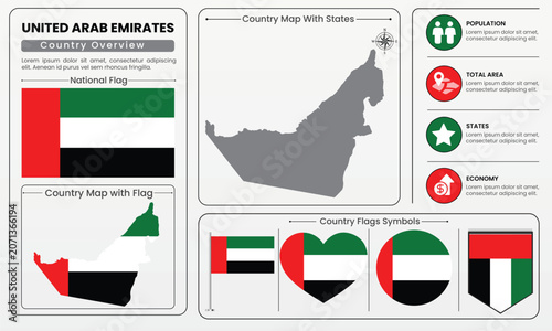 United Arab Emirates UAE Country Map Flag Infographic Vector Set