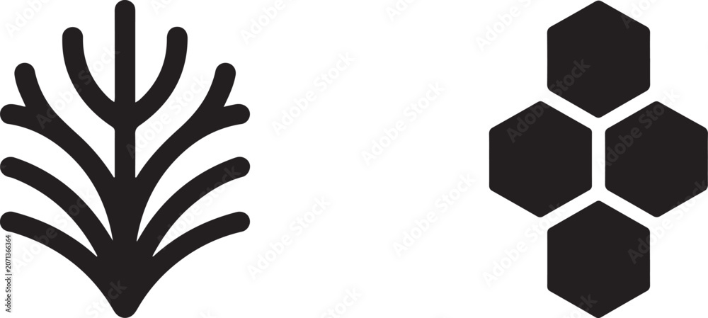 Obraz premium Stylized branching plant and honeycomb cell cluster in black and white abstract nature tree