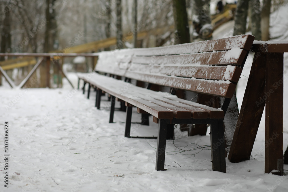 Fototapeta premium park bench on a winter alley at snowfall. bench with snow after snowstorm or in snow calamity in europe