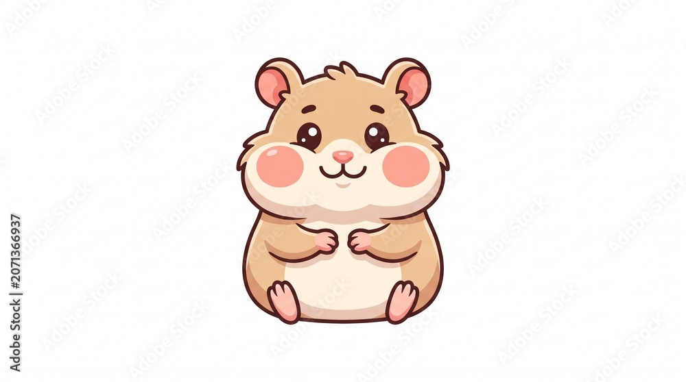 Fototapeta premium Kawaii chubby hamster sitting, light brown fur with cream belly. Big shiny eyes, pink cheeks and nose, tiny paws. Cute cartoon vector on white background, adorable.