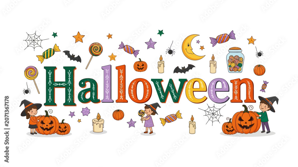Fototapeta premium Halloween Festive Word Art: A whimsical arrangement of colorful letters spells out Halloween, adorned with playful icons of witches, pumpkins, bats, candy, and spooky stars.