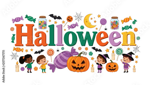 Happy Halloween Celebration: A vibrant illustration depicts a joyful Halloween scene with the word Halloween centerpiece, surrounded by playful elements like candy, pumpkins, bats.