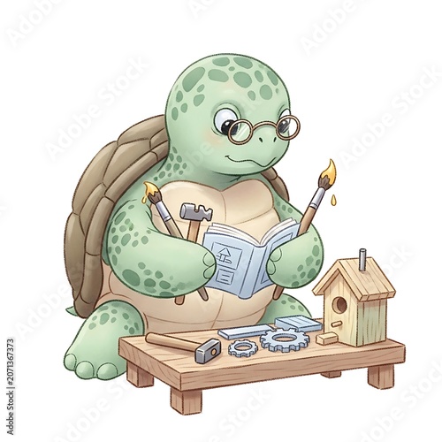 Adorable green cartoon turtle wearing round glasses while holding a paintbrush and reading a DIY construction manual to build a small wooden birdhouse on a rustic wooden table indoors today.