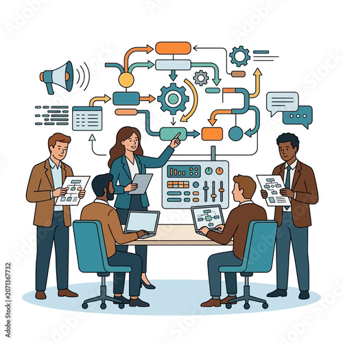 Flat vector illustration of corporate managers coordinating cross-functional projects. Diverse business professionals collaborating on strategy and planning in a modern office.
