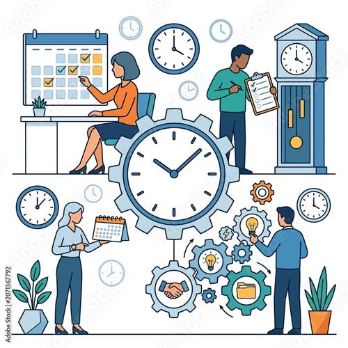 Vector illustration of diverse office employees collaborating and managing time near a giant clock, representing productivity, scheduling, and deadlines in a modern workspace setting.