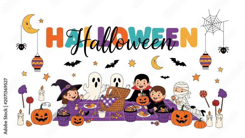Fototapeta premium Halloween Party Scene: A festive and whimsical illustration depicts children dressed in Halloween costumes enjoying a spooky-themed party around a table laden with treats and decorations.