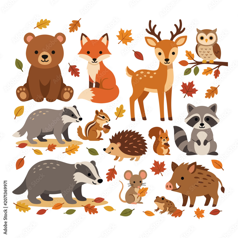 Fototapeta premium Autumn forest animals vector illustration set