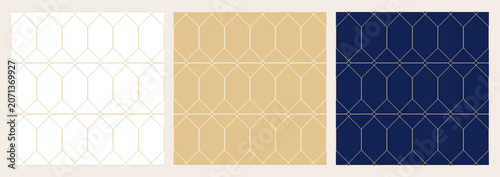 Luxury geometric elongated hexagon seamless pattern background with elegant gold lines vector set
