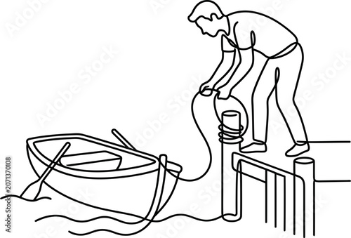 Obraz na plátne Continuous line drawing of a man mooring a boat to a dock.