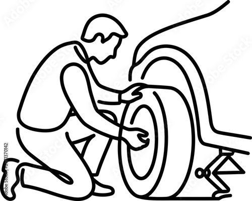 Minimalist line art illustration of a mechanic changing a car tire.