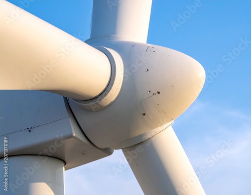 Close-up of a white wind turbine rotor with three blades against a clear blue sky