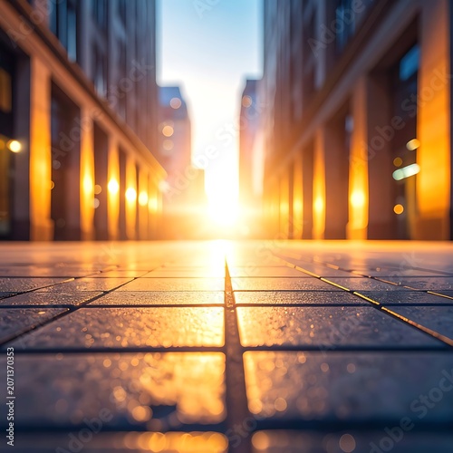 City street at sunrise with buildings.