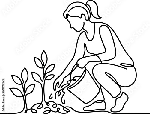 Continuous line drawing of a woman gardening and watering plants.