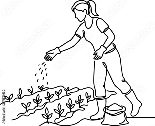 Continuous one line drawing of a female farmer planting seeds in a vegetable garden.