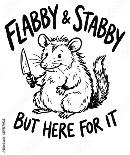 Quadro su tela FLABBY & STABBY BUT HERE FOR IT T-shirt, Funny Opossum Holding a Kitchen Knife C