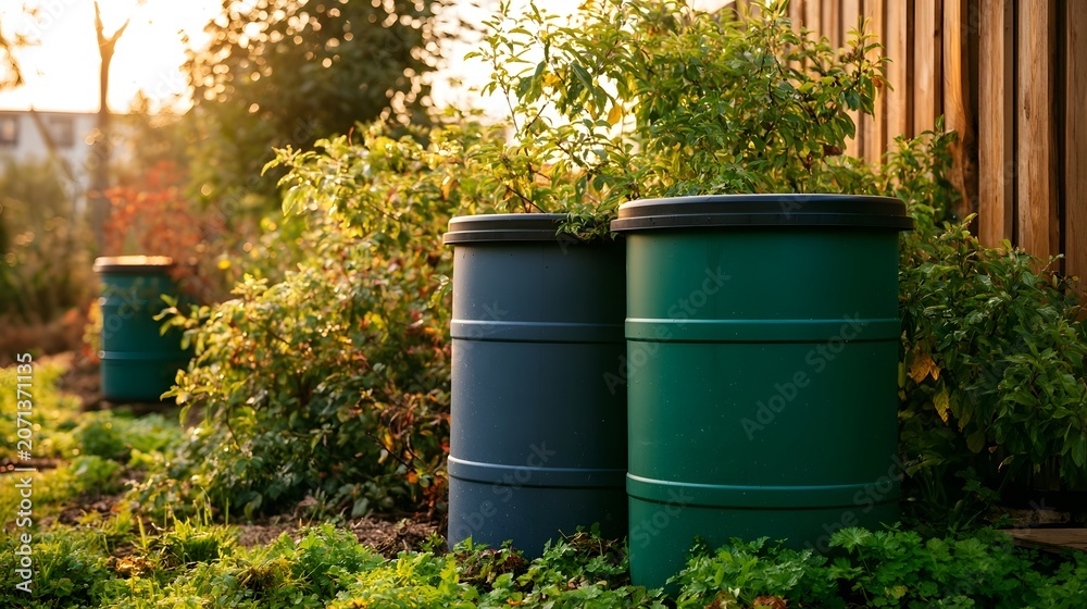 Obraz premium Earth friendly rainwater collection barrels are bathed in warm sunlight conveying a hopeful and sustainable mood