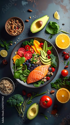 Fresh salmon salad with vegetables fruits.