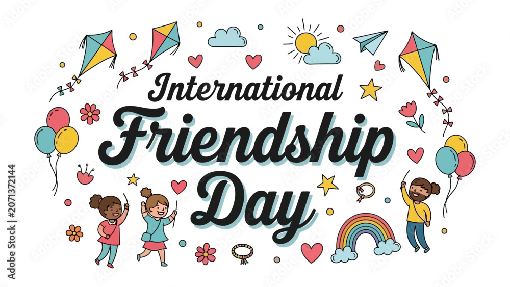 Fototapeta premium International Friendship Day Illustration: A vibrant and playful illustration celebrating International Friendship Day, featuring diverse characters, colorful balloons, kites, rainbows.