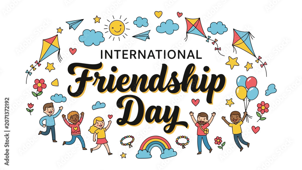 Fototapeta premium International Friendship Day Celebration: A vibrant illustration depicting children of diverse backgrounds joyfully celebrating International Friendship Day with kites, balloons.