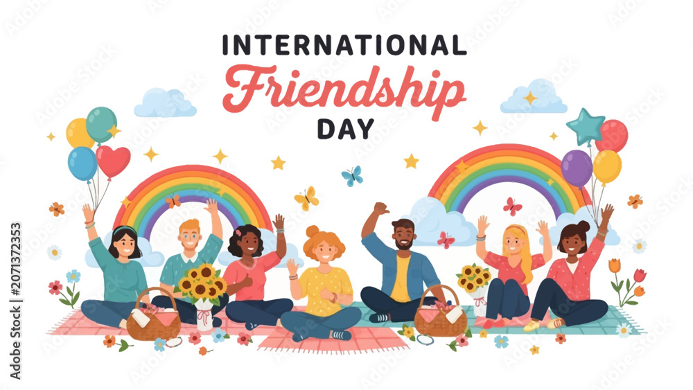 Naklejka premium Celebrating International Friendship Day: A vibrant illustration depicts diverse people gathered on a picnic blanket, surrounded by rainbows, balloons, and flowers.