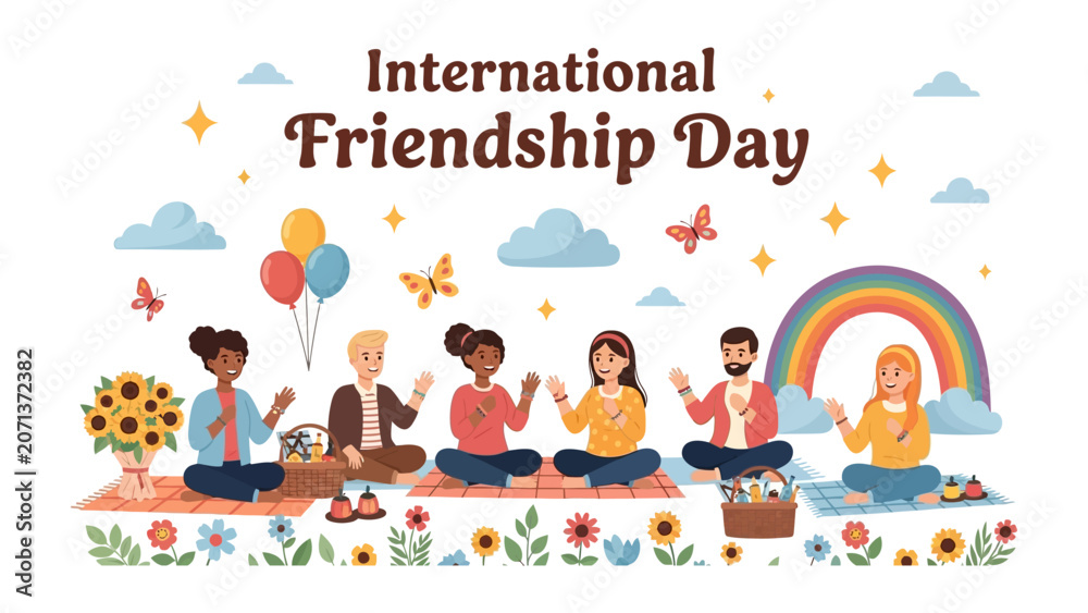 Fototapeta premium International Friendship Day Celebration: A diverse group of friends gathers in a picturesque outdoor setting, marked by blooming flowers, colorful balloons, and a vibrant rainbow.