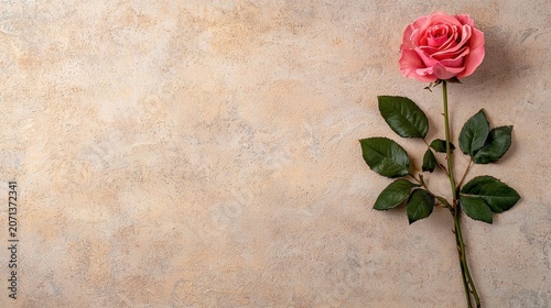 Elegant Pink Rose Bloom with Green Leaves on Textured Beige Background