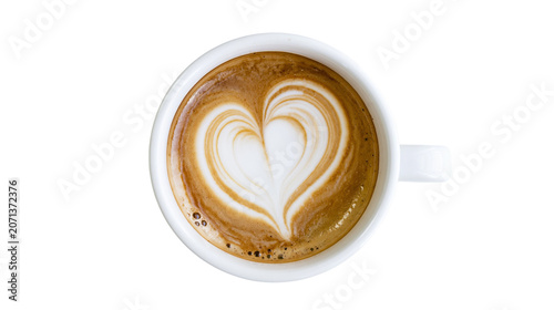Fotografie White ceramic cup of latte with heart shape foam art, isolated on transparent ba