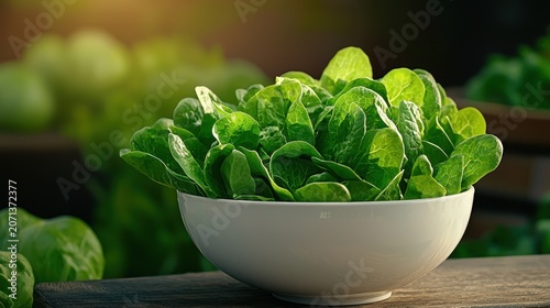 Fresh Green Spinach in Rustic White Bowl