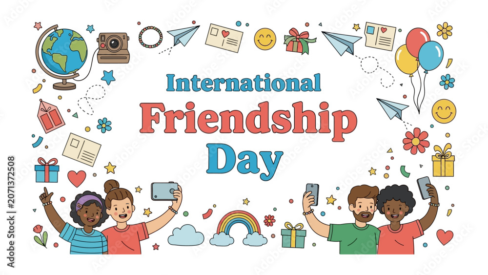 Fototapeta premium International Friendship Day Celebration: A vibrant illustration celebrating International Friendship Day with diverse people taking selfies, paper airplanes, globes, gifts.