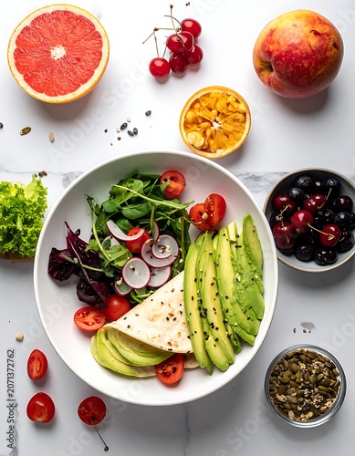 Fresh Healthy Salad with Fruits and Vegetables.