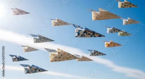 Squadron of camouflage military jet fighter aircraft flying in formation in the sky