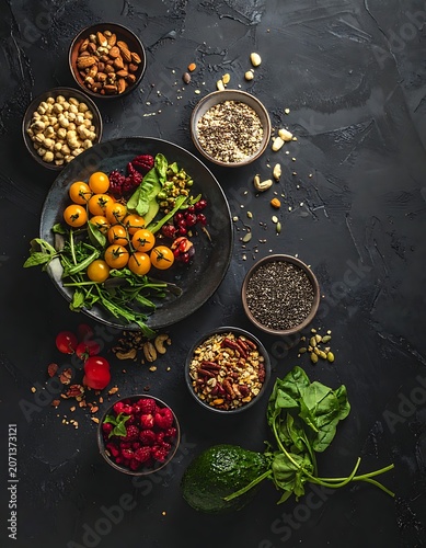 Healthy food ingredients on dark background.