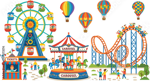 Foto Amusement Park Scene with Ferris Wheel Roller Coaster Carousel Horse Ride Hot Ai