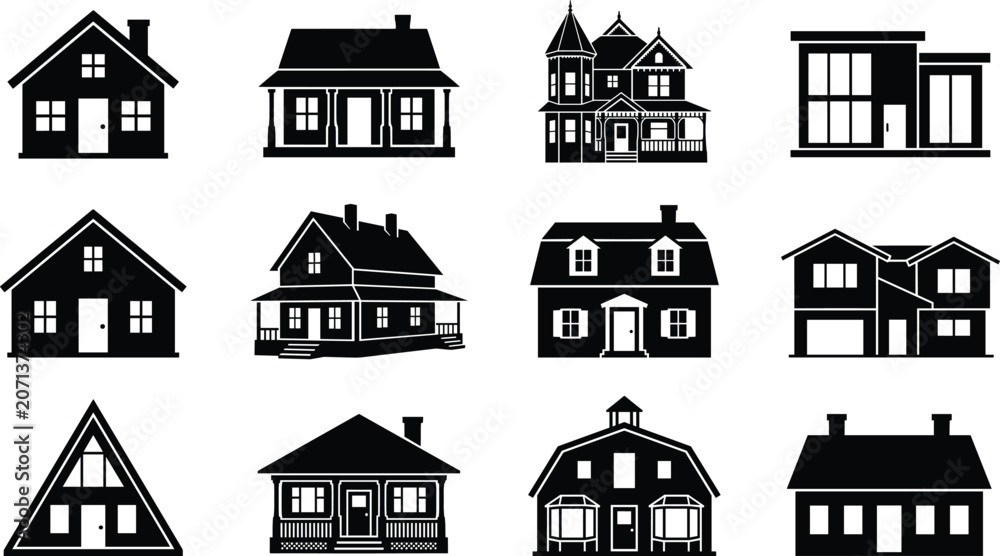 Fototapeta premium Real estate architectural vector icon set featuring diverse house styles residential properties and building facades