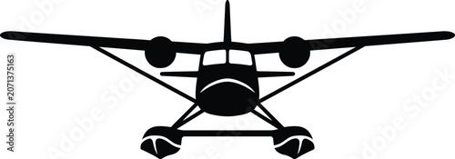 Fotografía Front view of floatplane silhouette with single engine and wings classic aviation transportation icon on transparent bk