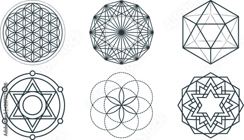 Tableau sur toile Sacred Geometry Vector Icon Set Featuring Flower of Life, Platonic Solids, and M