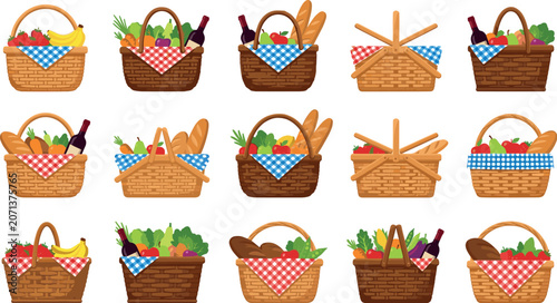 Quadro su tela Wicker Picnic Basket Vector Illustration Set filled with Fresh Fruits Vegetables