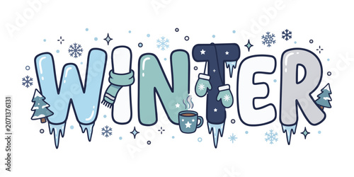 Cute Winter Typography Illustration with Snowflakes and Icicle Letter Design