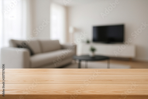 wooden top table with blurry background living room modern